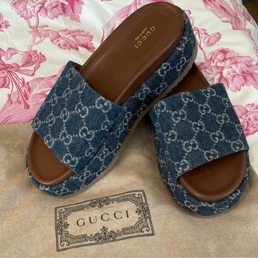 Gucci Blue Denim GG Logo Slide Sandals with Brown Footbed